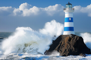 Obraz premium a blue and white striped lighthouse on a rock with sea waves crashing against it, geneative AI