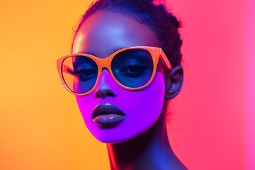 Bold Womans Fashion Portrait in Neon Purple Face Mask with Solid Neon Coral Background Trendsetting Lifestyle Image with Vibrant Colors