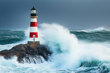 Obraz premium a red and white striped lighthouse on a rock with sea waves crashing against it, geneative AI