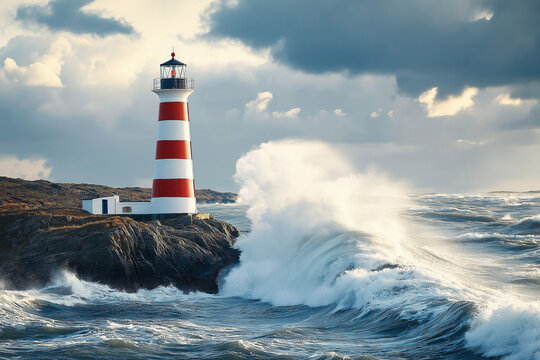a red and white striped lighthouse on a rock with sea waves crashing against it, geneative AI