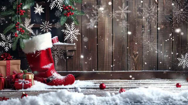 santa claus boots and gift box present over the snow , christmas tree decorated ornament at outdoor