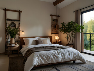 Boho Bedroom with Fireplace and Nature View: A Cozy and Warm Design