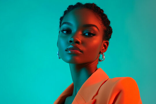 Stylish Woman in Neon Orange Blazer with Solid Neon Teal Background Trendsetting Fashion Portrait with Bold Style