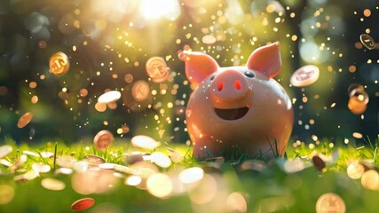 Happy face pinky piggy bank with falling golden coins at the garden