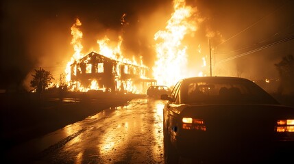 A home fire that has spread to nearby vehicles at night, with explosions lighting up the dark sky