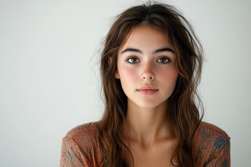 young woman show confuse expression, medium shot, with white backgroun