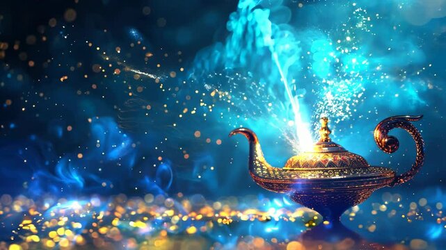 Glowing smoke out of golden magic lamp, on bright blue backdrop magic genie lamp emitting blue smoke