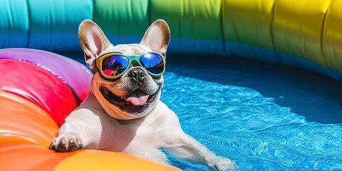 Playful French Bulldog Wearing Goggles on Rainbow Inflatable at Pool Party