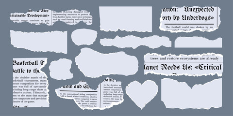 Set of notes. Сrumpled torn paper. Jagged edges. Trendy shape elements. Template. Old sheet crease. Scrapbook. Collage. Frame and textbox. Scraps on background, newspaper fragments and tape. Pieces 