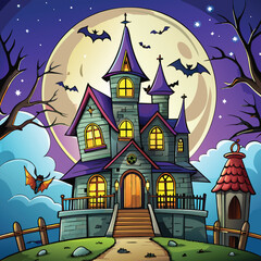 a halloween haunted house with a full moon and bats