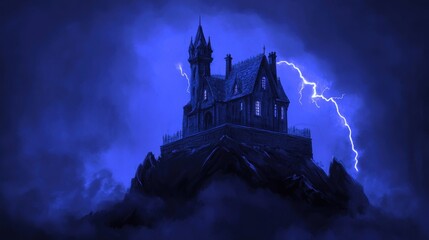 Cartoon haunted mansion on a hill with lightning flashing in the background and creepy fog swirling around
