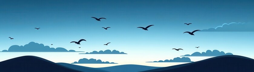 Obraz premium Migrating birds under a twilight autumn sky, dusky blue clouds, clean flat design, animation-inspired