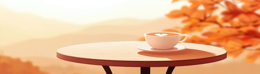 Outdoor cafe table with a cup of coffee, crisp autumn morning light, flat design, soft animation hues