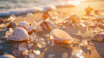 Shells and Glass Pieces Dispersed in the Sand