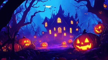Fototapeta premium Haunted house surrounded by spooky trees glowing jack-o-lanterns and dark shadows designed in a cartoon style