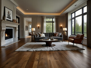 Fototapeta premium Spacious Living Room with Hardwood Floors, Fluffy Rug, and Designer Furniture