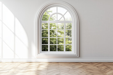 Fototapeta premium Spacious bright living room with arched windows, light-colored walls and wooden parquet flooring