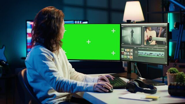 Video editor using editing software on green screen monitor to upgrade footage shot, commissioned by production teams outsourcing tasks. Freelancer videographer finishes project on mockup PC, camera A