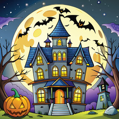 a halloween haunted house with a full moon and bats