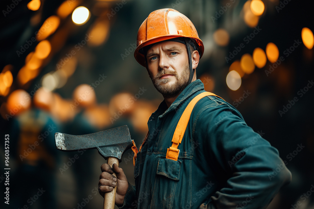 Poster dirty miner in the mine against the background of other working miners extracting raw materials, gen