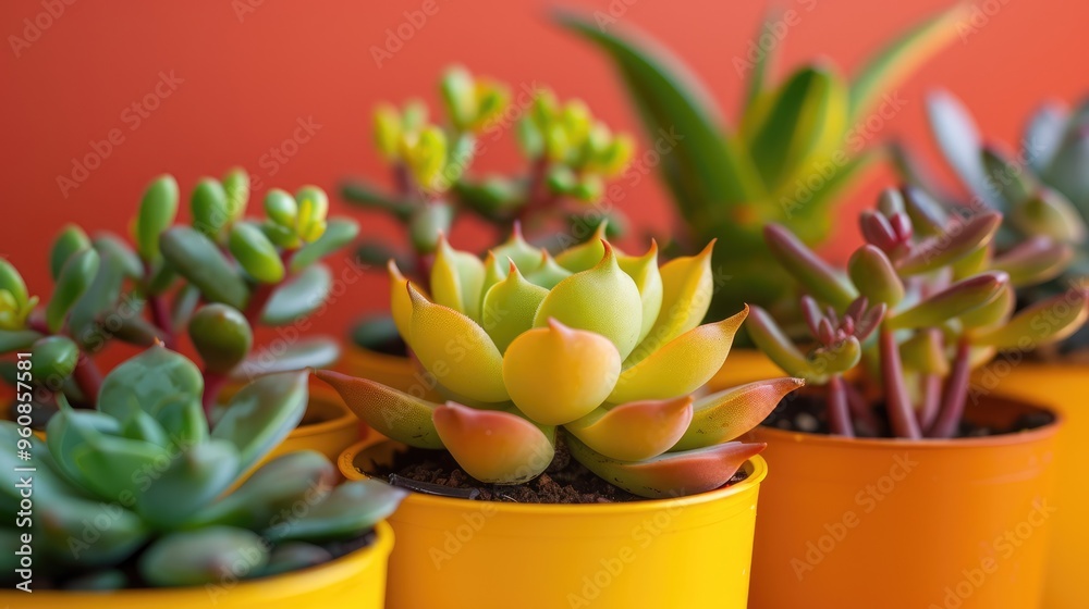 Poster Close-up of yellow potted succulents on orange backdrop