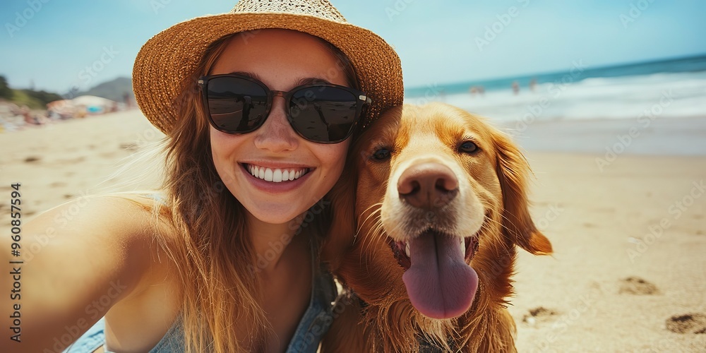 Canvas Prints Happy woman taking selfie with her dog during summer day on beach.