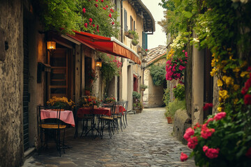 Fototapeta premium a small Italian street between colorful Italian houses and atmospheric European cafes, generative AI
