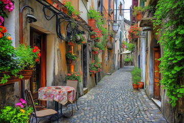 Obraz premium a small Italian street between colorful Italian houses and atmospheric European cafes, generative AI