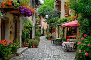 Fototapeta premium a small Italian street between colorful Italian houses and atmospheric European cafes, generative AI