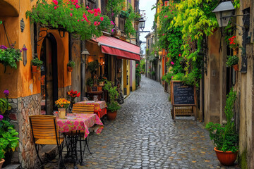 Fototapeta premium a small Italian street between colorful Italian houses and atmospheric European cafes, generative AI