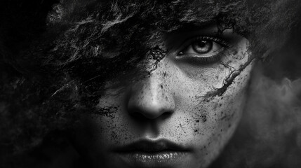 Monochromatyczny portret w czerni i bieli, który wprowadza elementy surrealizmu do przedstawienia ludzkiej postaci. 