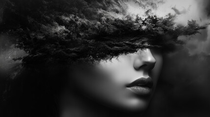 Monochromatyczny portret w czerni i bieli, który wprowadza elementy surrealizmu do przedstawienia ludzkiej postaci. 