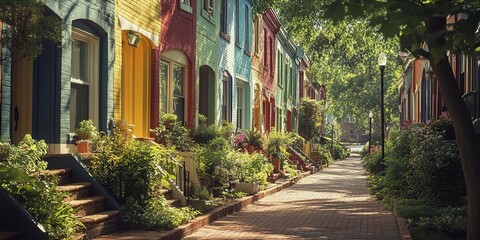 Obraz premium In the summer, a row of colored painted townhouses, houses, and homes with brick patio gardens can be seen