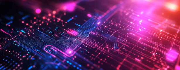 Obraz premium Abstract digital background with glowing geometric shapes and intricate circuit patterns, representing technology