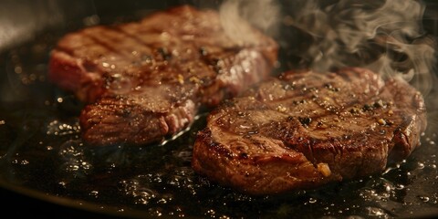 Ribeye steaks sear in a heated skillet, highlighting the rich marbling and freshness of the uncooked meat.