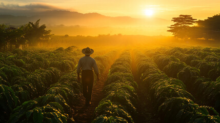 Mężczyzna w kapeluszu spacerujący po kawowym polu o wschodzie słońca.