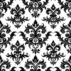 Fototapeta premium This vintage seamless pattern features intricate black floral designs on a white background ideal for elegant decor and stylish textile projects