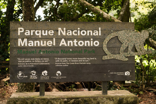 Entrance sign for Manuel Antonio National Park in the Puntarenas province of Costa Rica.