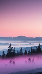 Silhouetted trees stand tall against a misty pink sunrise over rolling hills, phone background wallpaper, ai generated