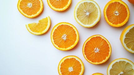 Fototapeta premium Brightly colored oranges and lemons, freshly sliced to reveal their juicy interiors, isolated on a white background
