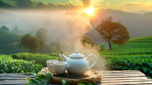 Cup of hot tea with tea pot, green tea leaf plantation in the morning, healthy traditional organic natural product