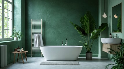 Fototapeta premium Contemporary bathroom with energy-efficient heating and smart home features, promoting a green lifestyle