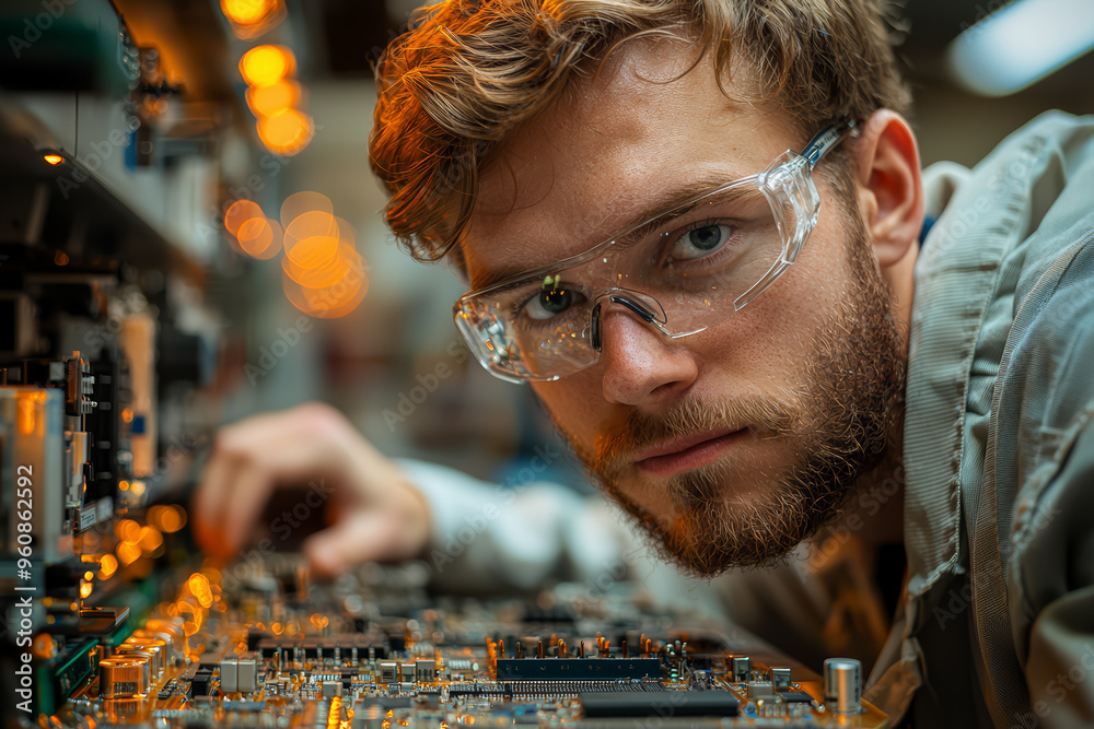 Poster an engineer inspecting a complex circuit board in a high-tech laboratory, demonstrating precision an
