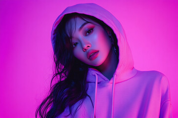 Modern Fashion Portrait of Woman in Neon Purple Hoodie with Solid Neon Coral Background Trendsetting Lifestyle Look