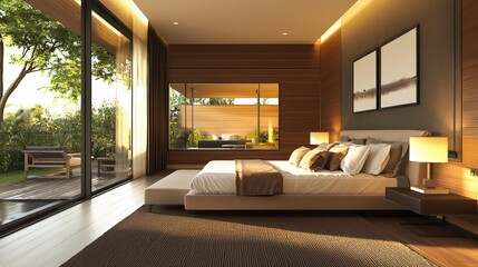 Fototapeta premium Contemporary bedroom with solar-powered lighting and temperature control, reducing energy consumption
