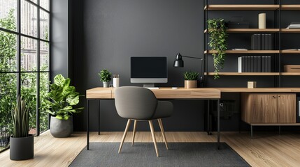 Contemporary home office with energy-efficient insulation and eco-friendly decor, promoting a green lifestyle