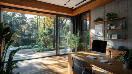 Contemporary home office with smart home integration and energy-efficient design, reducing carbon emissions