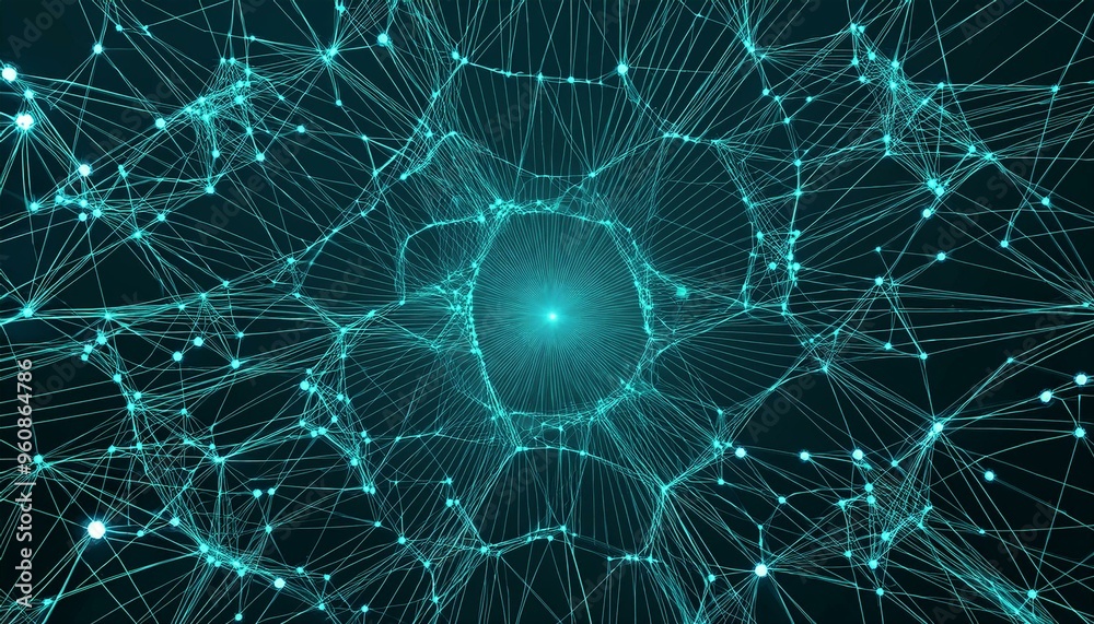 Poster abstract polygonal background from lines, dots and glowing particles with plexus effect