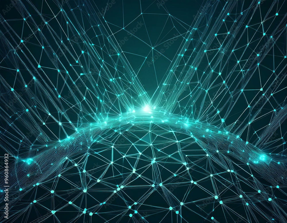 Poster abstract polygonal background from lines, dots and glowing particles with plexus effect