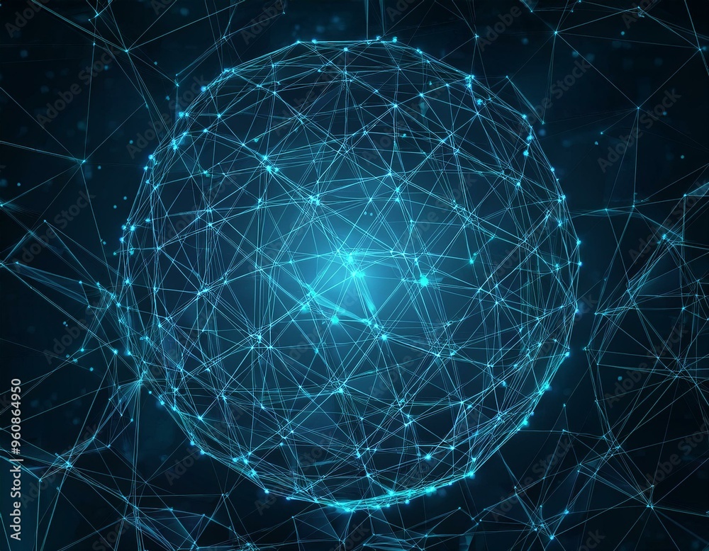 Poster Abstract polygonal background from lines, dots and glowing particles with plexus effect